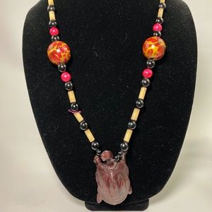 Colorful Glass Beads With Carved Turtle Tortoise Pendant Statement Necklace